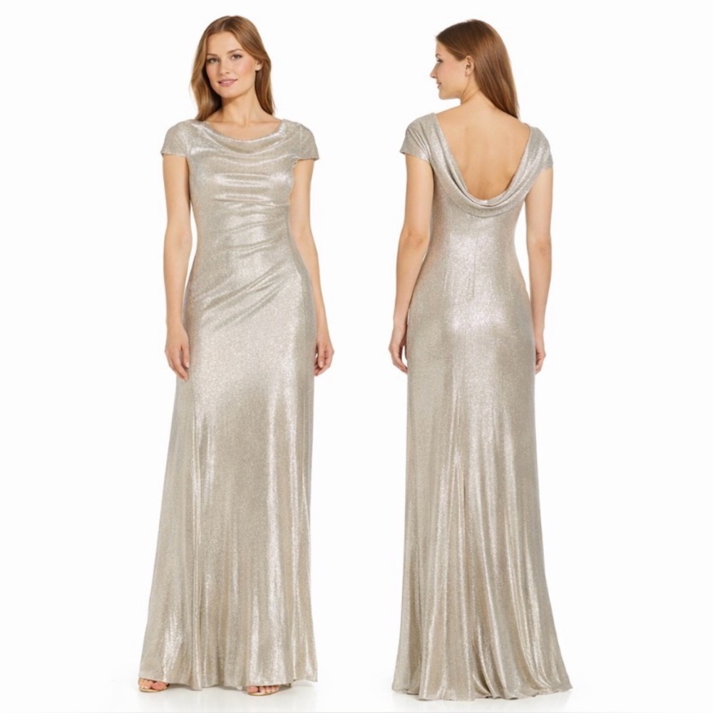 Adrianna Papell 8 Long Gold Silver Metallic Off Shoulder Evening Dress Gown $189